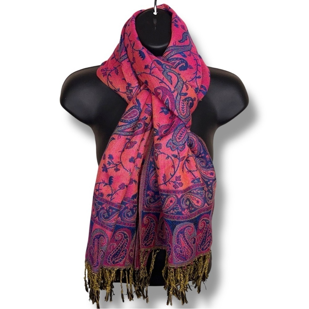 Colorful Fuchsia Pink Blue Pashmina Wrap Shawl Fringe Boho Bohemian Soft